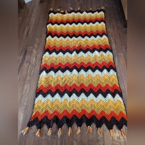 Vintage Chevron Afghan Crocheted Blanket Throw Zig Zag Earthy 70s Retro Groovy